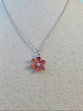 Pink Enamel Flower Pendant Necklace on Silver Chain